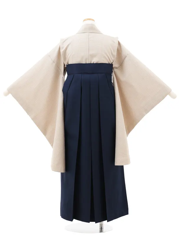 小学生卒業式略式袴(女の子) Z708 ベージュグレンチェック×紺桜