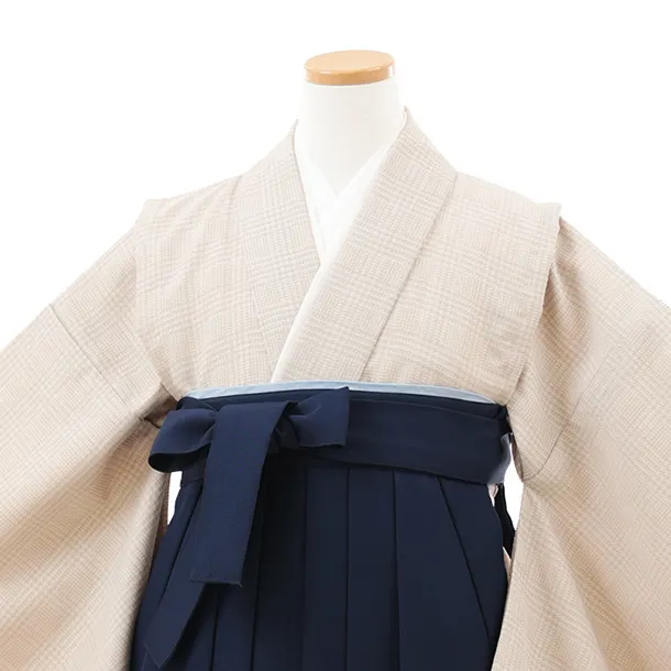 小学生卒業式略式袴(女の子) Z708 ベージュグレンチェック×紺桜