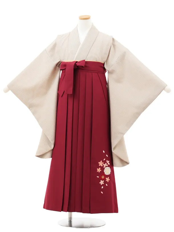 小学生卒業式略式袴(女の子) Z709 ベージュグレンチェック×エンジ桜