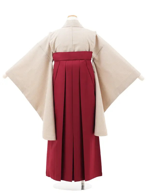 小学生卒業式略式袴(女の子) Z709 ベージュグレンチェック×エンジ桜