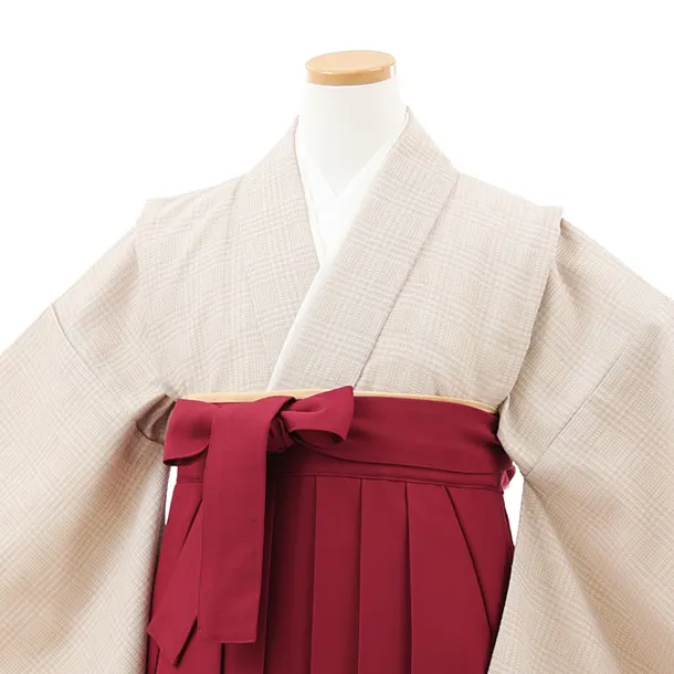 小学生卒業式略式袴(女の子) Z709 ベージュグレンチェック×エンジ桜