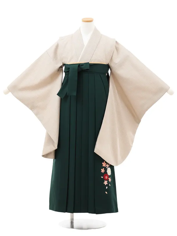 小学生卒業式略式袴(女の子) Z710 ベージュグレンチェック×グリーン桜