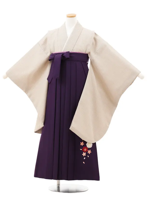 小学生卒業式略式袴(女の子) Z711 ベージュグレンチェック×紫桜