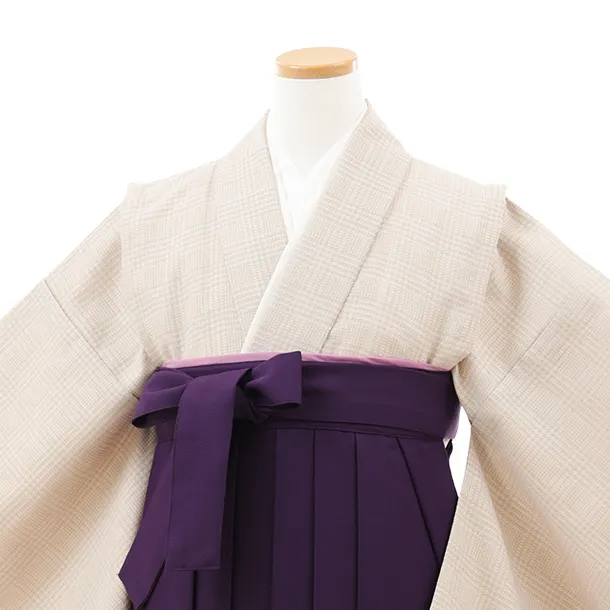 小学生卒業式略式袴(女の子) Z711 ベージュグレンチェック×紫桜