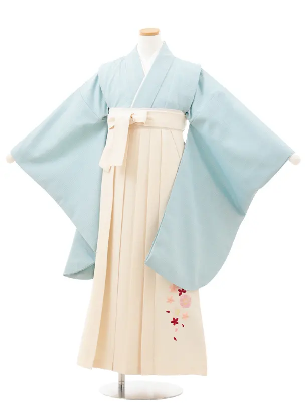 小学生卒業式略式袴(女の子) Z712 水色グレンチェック×クリーム桜