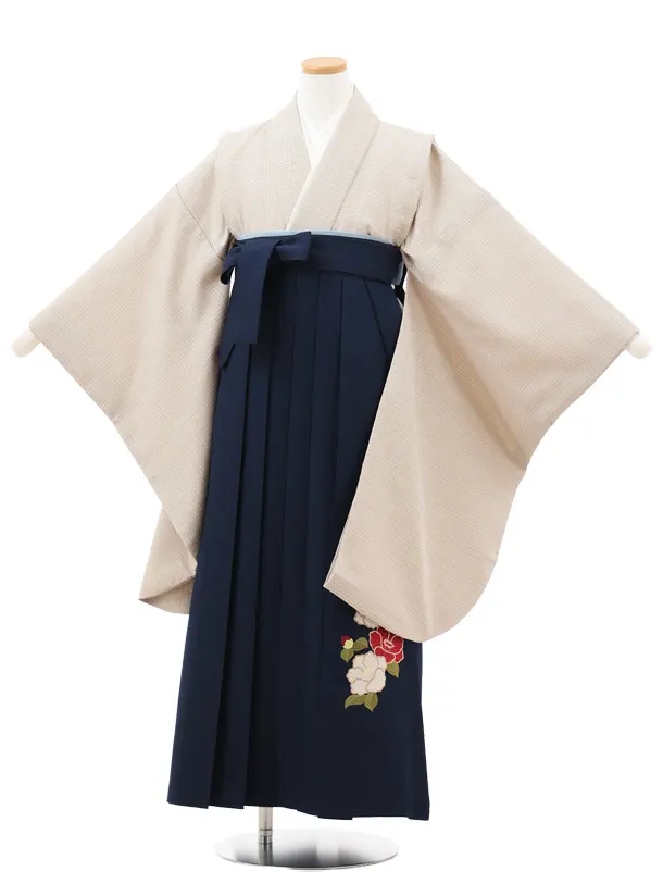 小学生卒業式略式袴(女の子) Z713 ベージュグレンチェック×紺椿