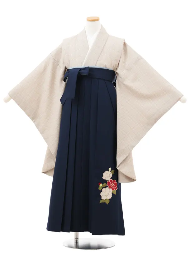 小学生卒業式かんたん袴(女の子) Z713 ベージュグレンチェック×紺椿