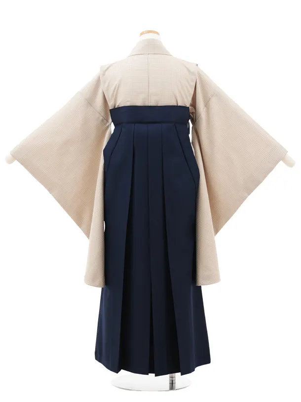 小学生卒業式かんたん袴(女の子) Z713 ベージュグレンチェック×紺椿