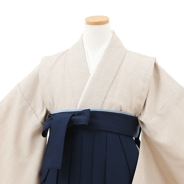 小学生卒業式かんたん袴(女の子) Z713 ベージュグレンチェック×紺椿