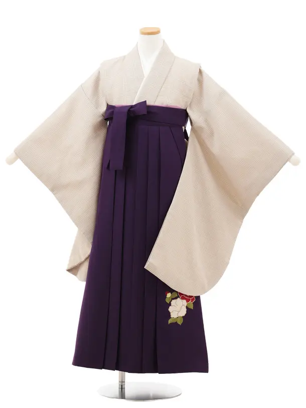 小学生卒業式略式袴(女の子) Z714 ベージュグレンチェック×紫椿