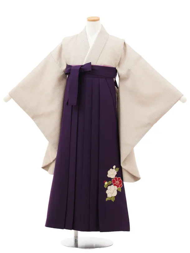 小学生卒業式略式袴(女の子) Z714 ベージュグレンチェック×紫椿