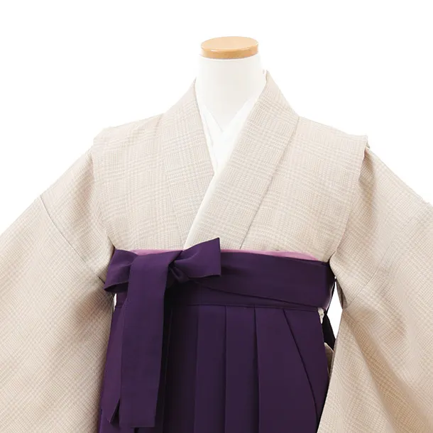 小学生卒業式略式袴(女の子) Z714 ベージュグレンチェック×紫椿