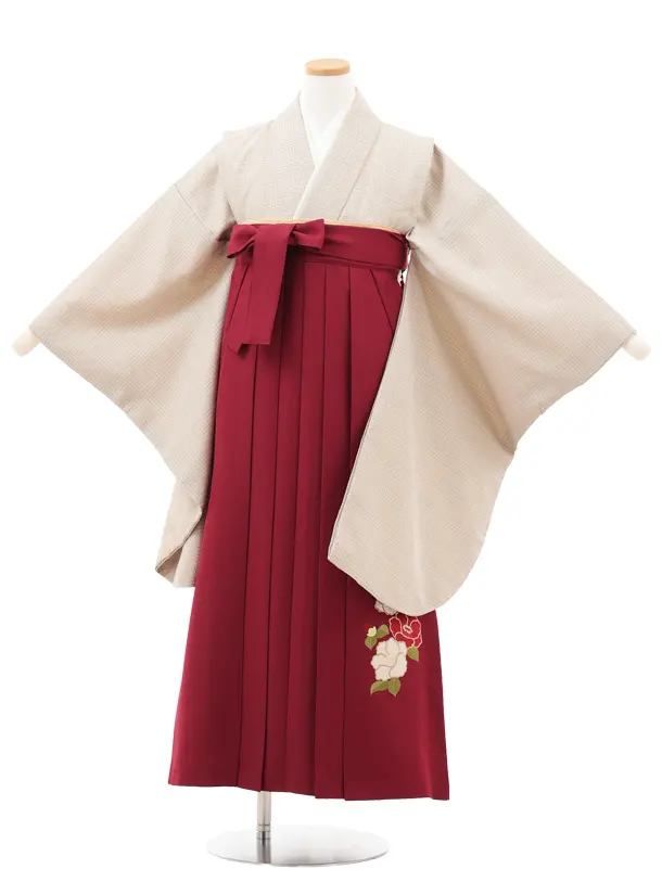 小学生卒業式略式袴(女の子) Z715 ベージュグレンチェック×エンジ椿