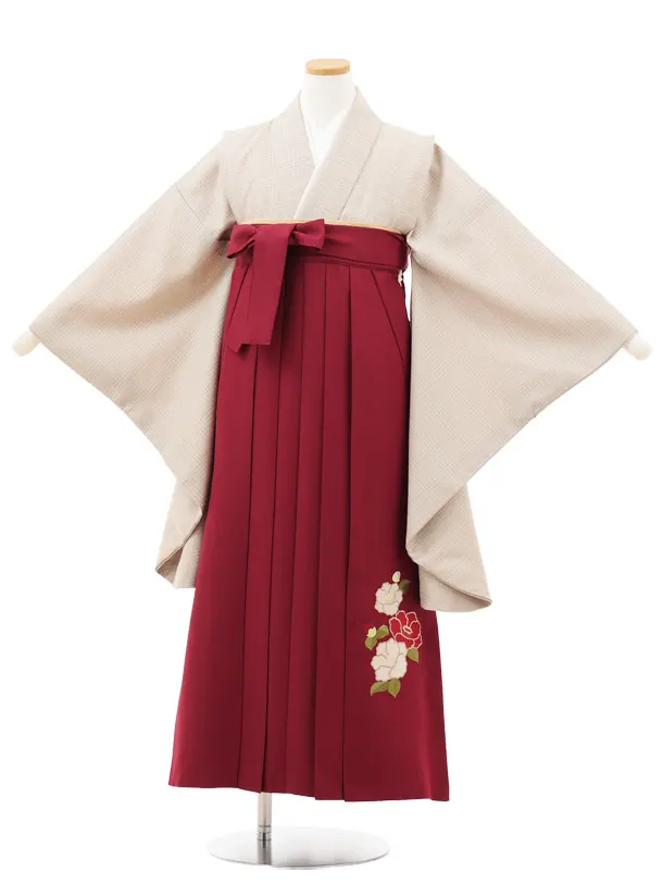 小学生卒業式略式袴(女の子) Z715 ベージュグレンチェック×エンジ椿