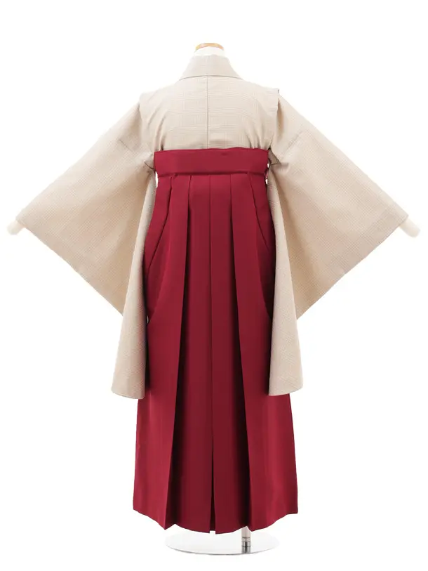 小学生卒業式略式袴(女の子) Z715 ベージュグレンチェック×エンジ椿