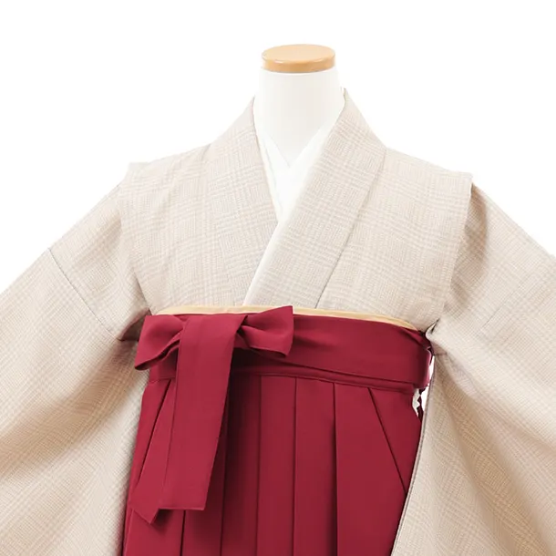 小学生卒業式略式袴(女の子) Z715 ベージュグレンチェック×エンジ椿