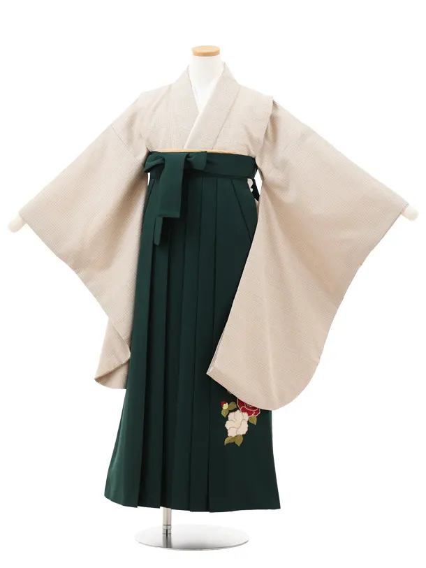 小学生卒業式略式袴(女の子) Z716 ベージュグレンチェック×グリーン椿