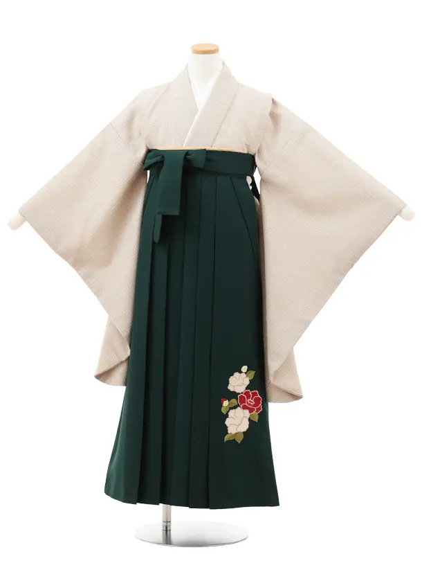小学生卒業式略式袴(女の子) Z716 ベージュグレンチェック×グリーン椿