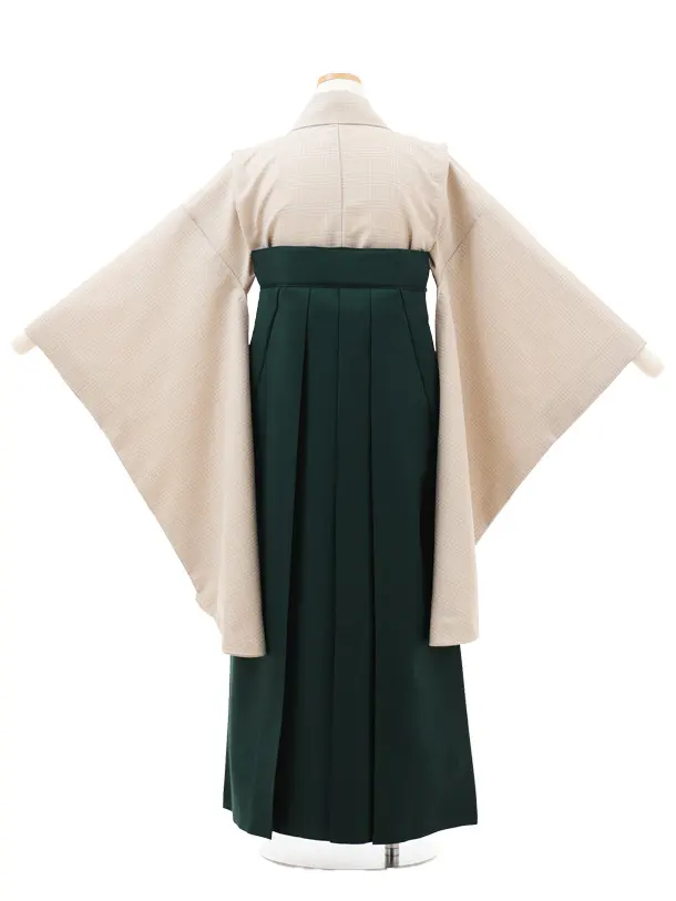 小学生卒業式略式袴(女の子) Z716 ベージュグレンチェック×グリーン椿