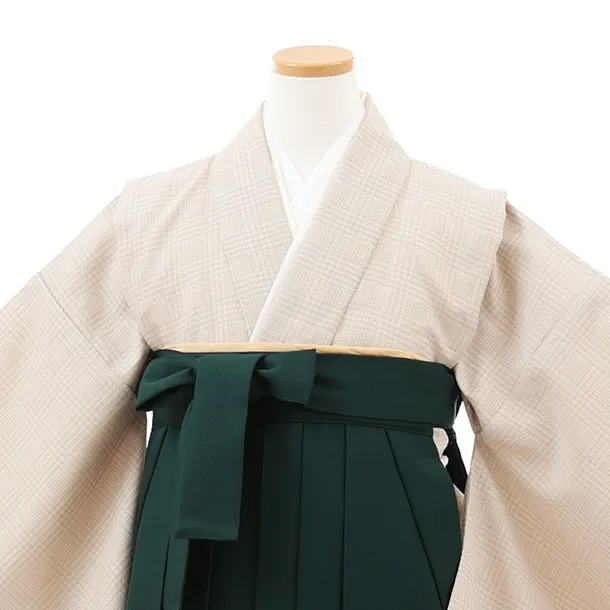 小学生卒業式略式袴(女の子) Z716 ベージュグレンチェック×グリーン椿