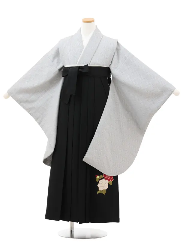 小学生卒業式略式袴(女の子) Z717 グレーグレンチェック×黒椿