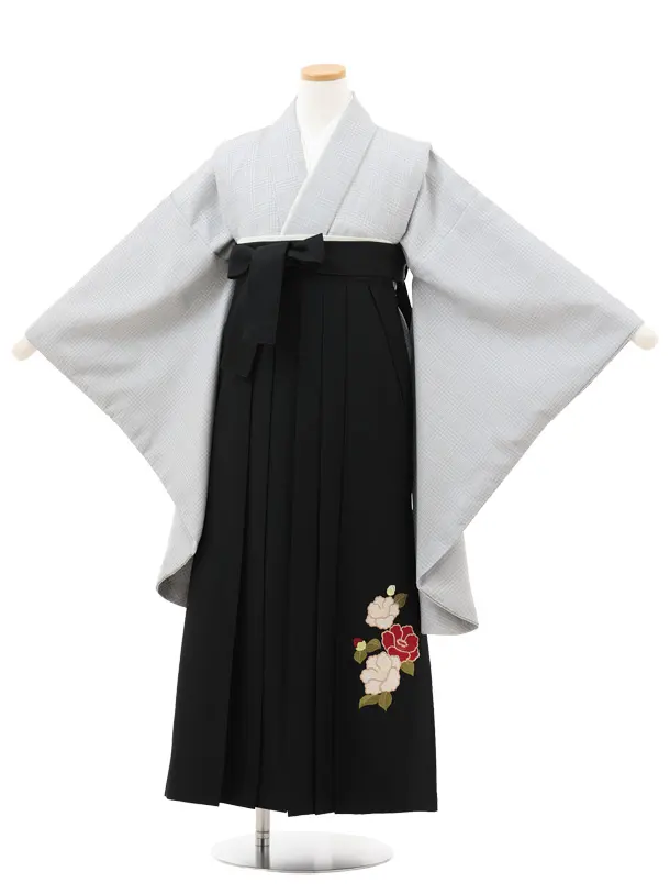 小学生卒業式略式袴(女の子) Z717 グレーグレンチェック×黒椿