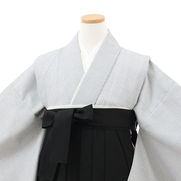 小学生卒業式略式袴(女の子) Z717 グレーグレンチェック×黒椿