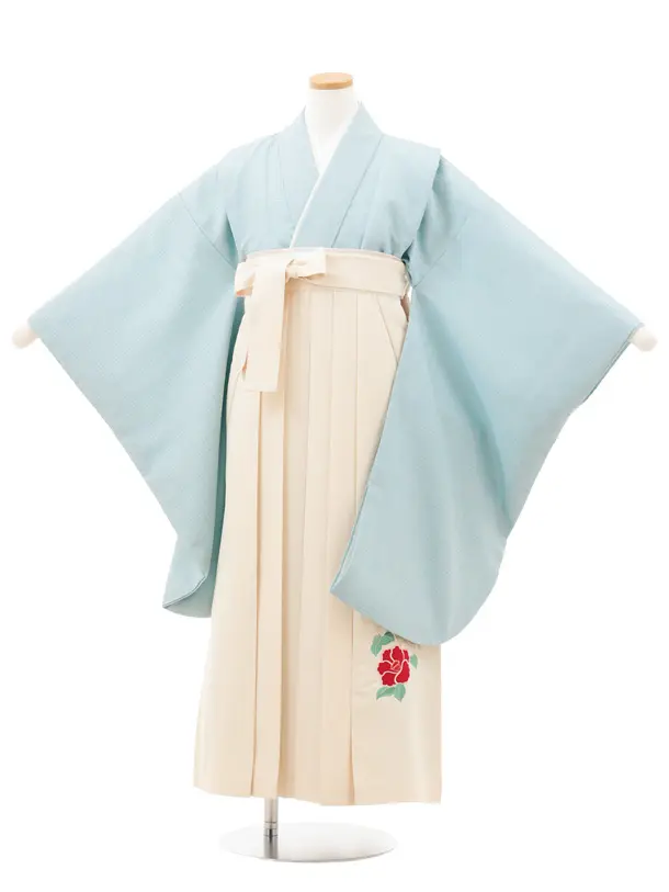 小学生卒業式略式袴(女の子) Z718 水色グレンチェック×クリーム椿