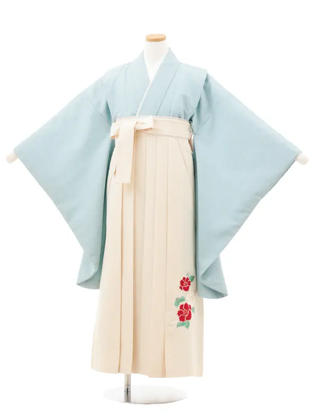 小学生卒業式略式袴(女の子) Z718 水色グレンチェック×クリーム椿