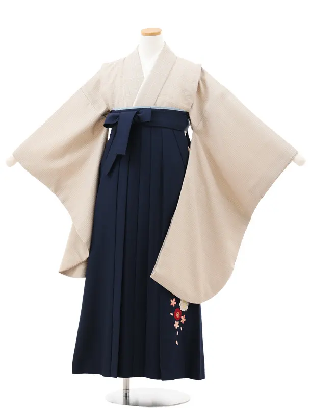 小学生卒業式略式袴(女の子) Z719 ベージュグレンチェック×紺桜