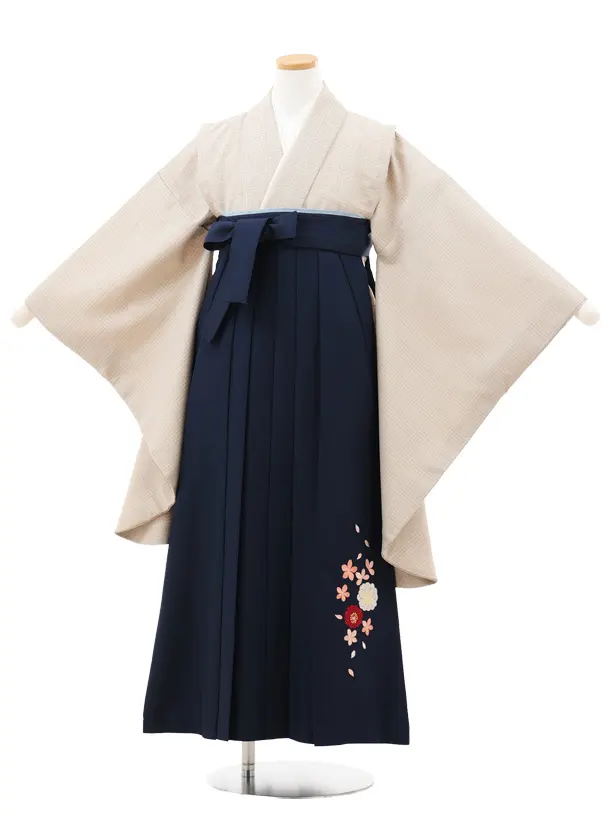 小学生卒業式略式袴(女の子) Z719 ベージュグレンチェック×紺桜