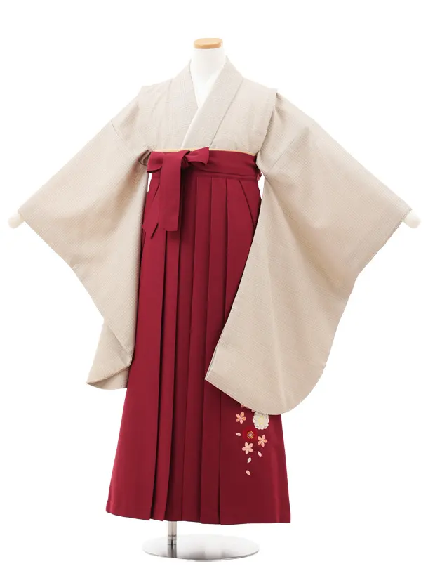 小学生卒業式略式袴(女の子) Z720 ベージュグレンチェック×エンジ桜