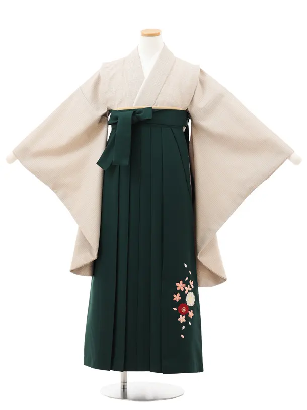 小学生卒業式略式袴(女の子) Z721 ベージュグレンチェック×グリーン桜