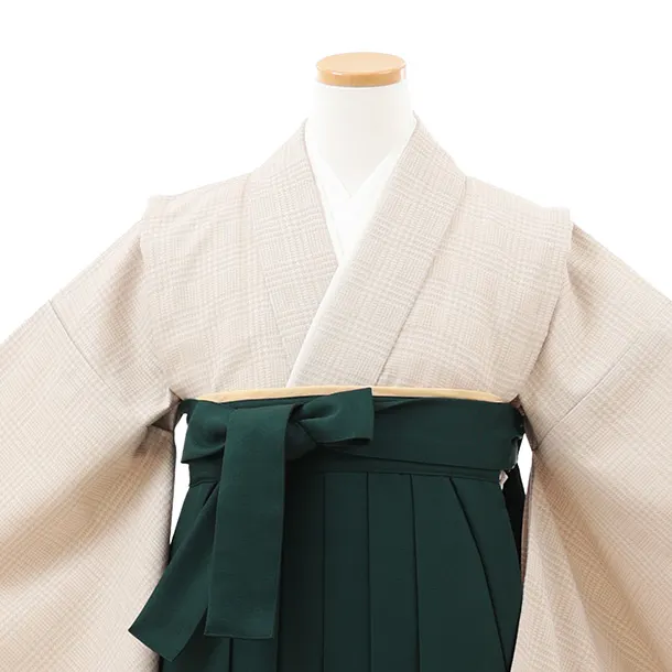 小学生卒業式略式袴(女の子) Z721 ベージュグレンチェック×グリーン桜