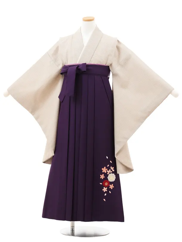 小学生卒業式略式袴(女の子) Z722 ベージュグレンチェック×紫桜