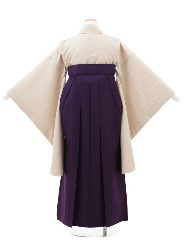 小学生卒業式略式袴(女の子) Z726 ベージュグレンチェック×紫椿