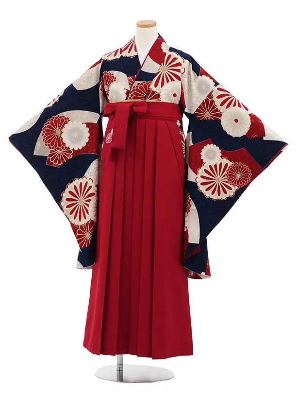 小学生卒業式かんたん袴(女の子) Z803 ジャパンスタイル紺赤菊×赤
