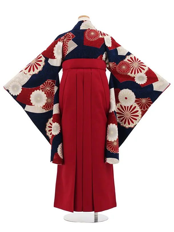 小学生卒業式かんたん袴(女の子) Z803 ジャパンスタイル紺赤菊×赤