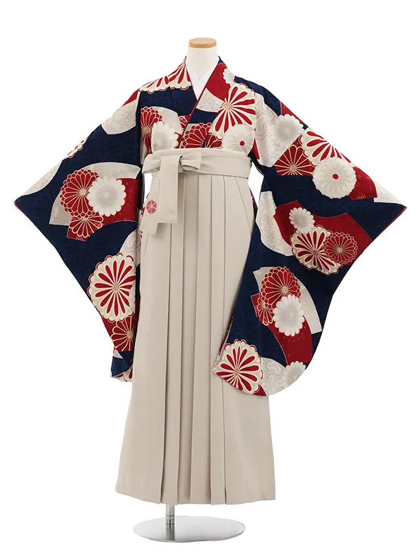 小学生卒業式かんたん袴(女の子) Z804 ジャパンスタイル紺赤菊×ベージュ