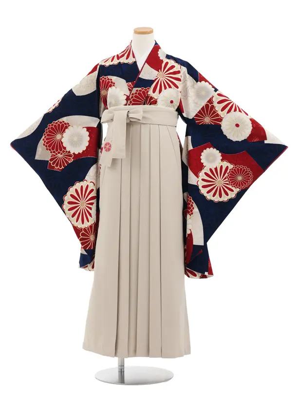 小学生卒業式かんたん袴(女の子) Z804 ジャパンスタイル紺赤菊×ベージュ