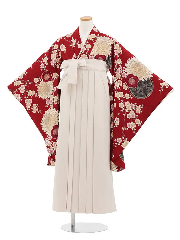 小学生卒業式かんたん袴(女の子) Z807 九重赤地梅菊×アイボリー