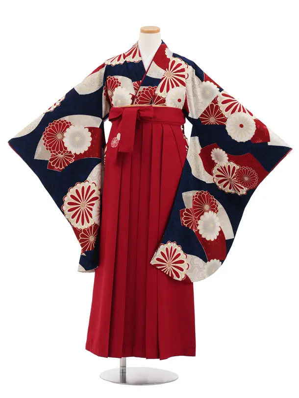 小学生卒業式かんたん袴(女の子) Z809 ジャパンスタイル紺赤菊×赤