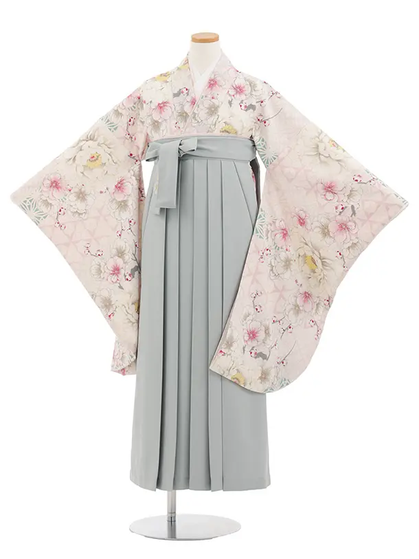 小学生卒業式かんたん袴(女の子) Z811 ジャパンスタイル淡パープル花×グレー