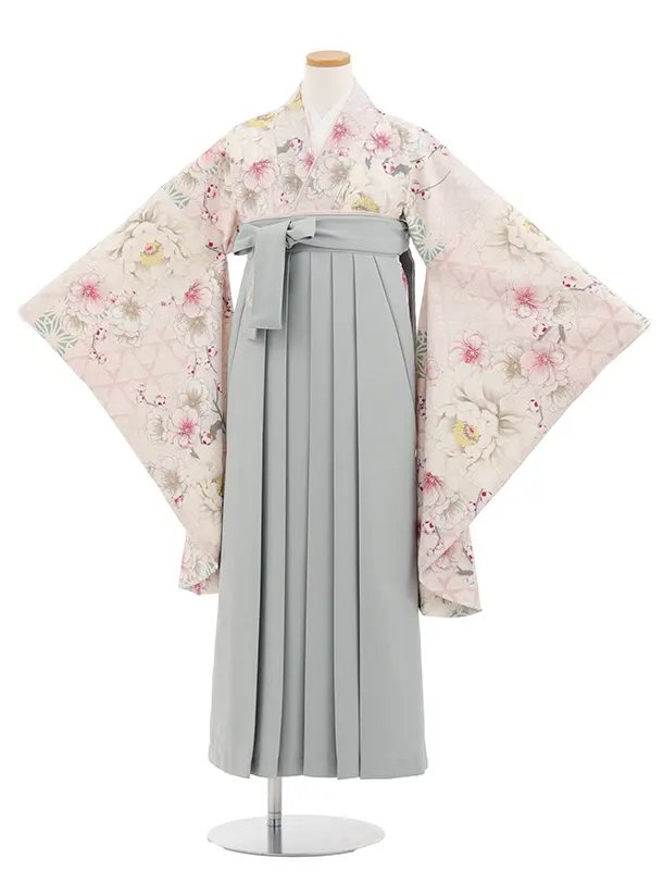 小学生卒業式かんたん袴(女の子) Z811 ジャパンスタイル淡パープル花×グレー