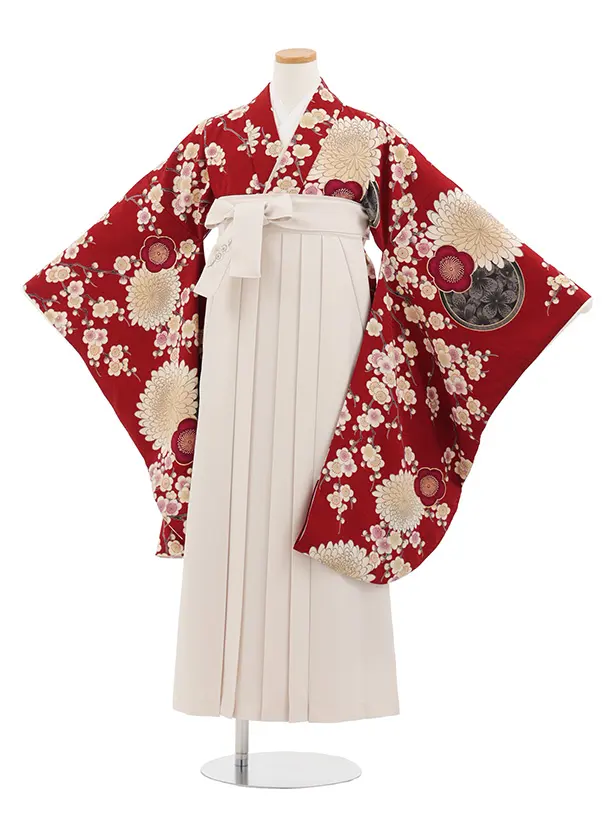 小学生卒業式かんたん袴(女の子) Z813 九重赤地梅菊×アイボリー