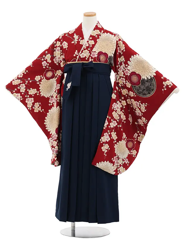 小学生卒業式かんたん袴(女の子) Z814 九重赤地梅菊×紺