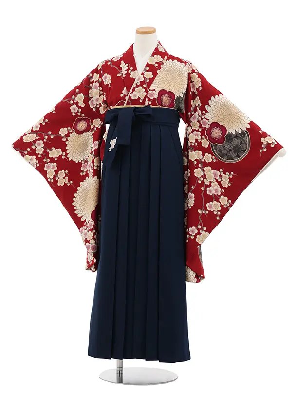 小学生卒業式かんたん袴(女の子) Z814 九重赤地梅菊×紺