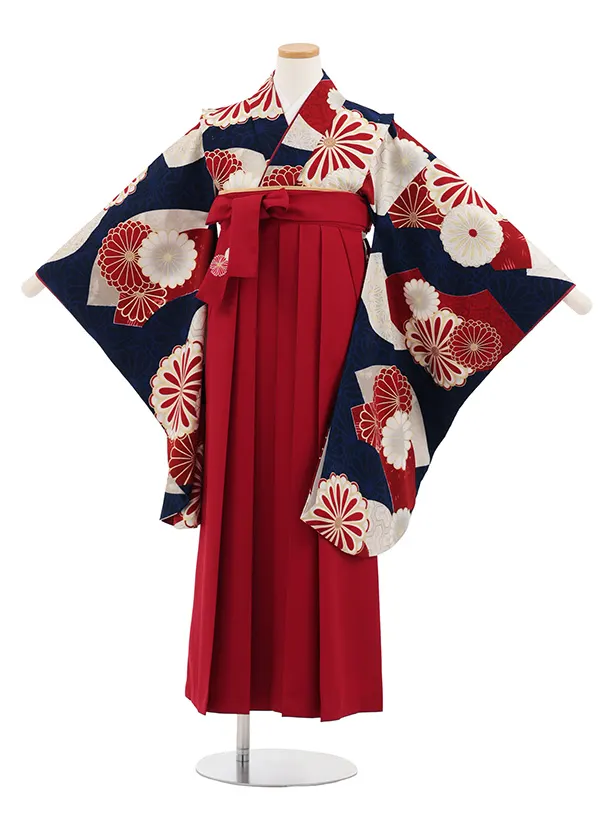 小学生卒業式かんたん袴(女の子) Z815 ジャパンスタイル紺赤菊×赤