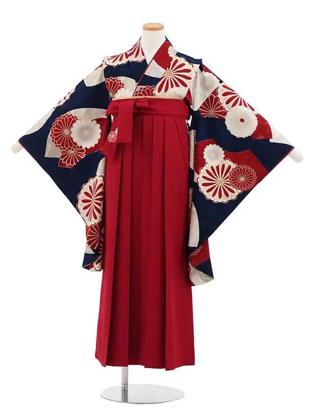 小学生卒業式かんたん袴(女の子) Z815 ジャパンスタイル紺赤菊×赤