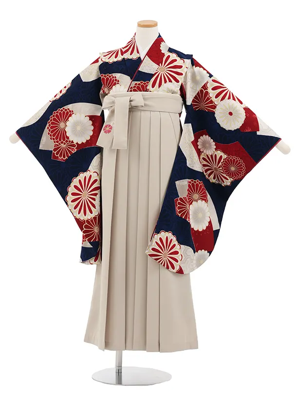 小学生卒業式かんたん袴(女の子)Z816 ジャパンスタイル紺赤菊×ベージュ